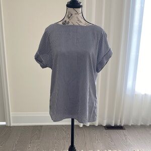 Banana Republic Navy & White Vertical Stripe Short Sleeve Top